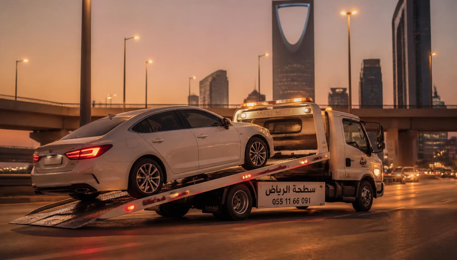 سطحة الرياض تحمّل سيارة على طريق داخل مدينة الرياض